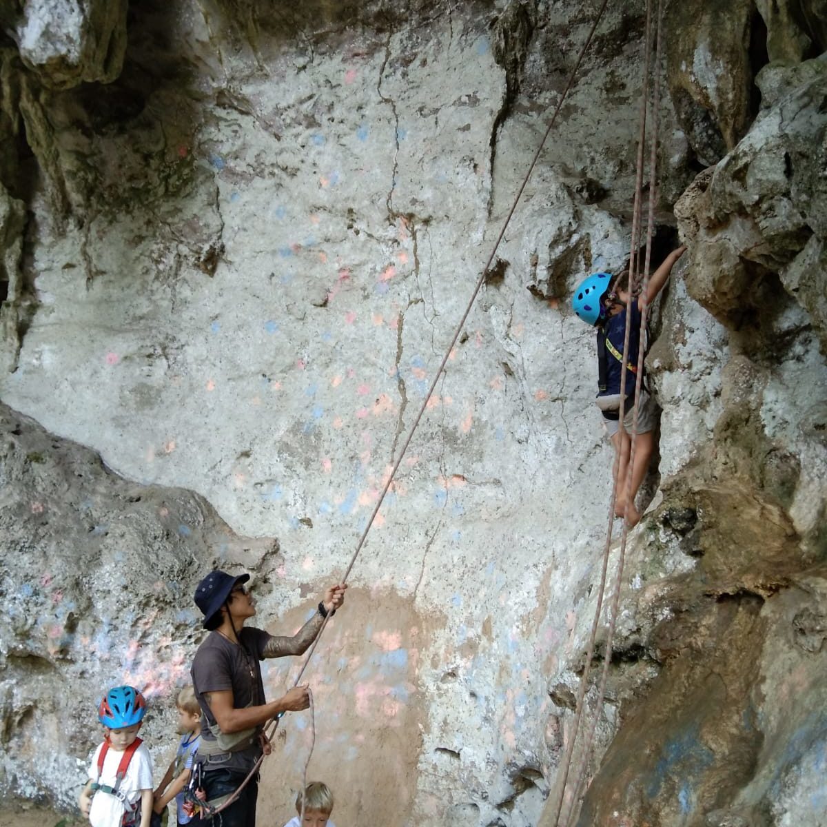 NatureMind-ED Un enfant gravit un mur d'escalade en étant sécurisé par un accmpagnateur